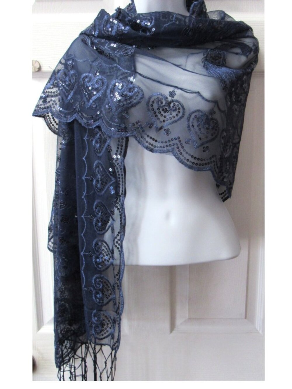 Navy Blue Dressy Sequin Sparkle Fringed Scarf Shawl Wrap Wedding Bridal Formal - Picture 2 of 3